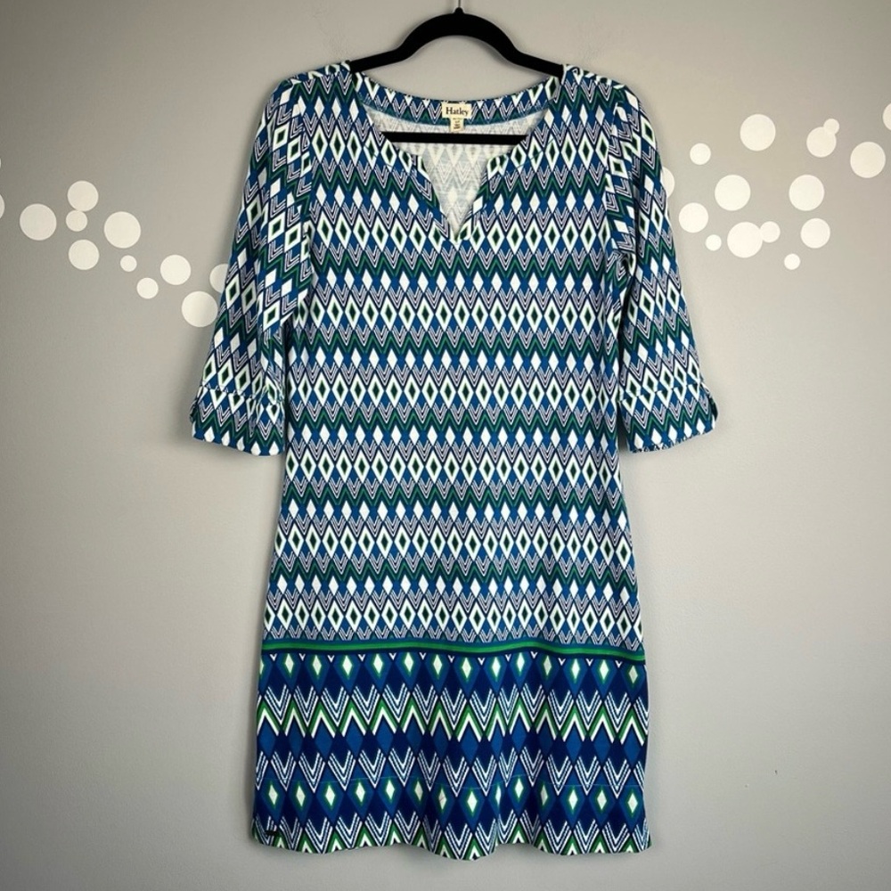 Hatley Lucy Diamond Geometric Print Cotton Shift Dress Blue Green Size S